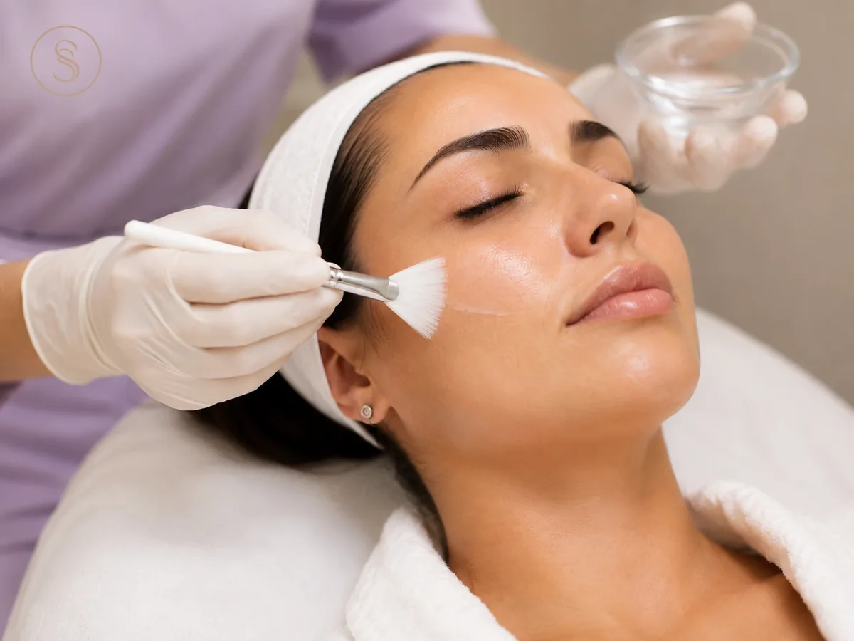 Aspect Triple Action Peel being applied with a fan brush during a multi-acid resurfacing facial at Soraya Skin Clinic
