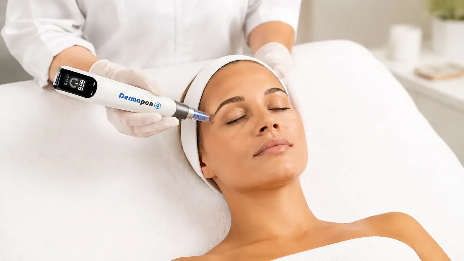 Skin therapist performing a Dermapen 4 microneedling treatment on a relaxed client's forehead at Soraya Skin Clinic Melbourne
