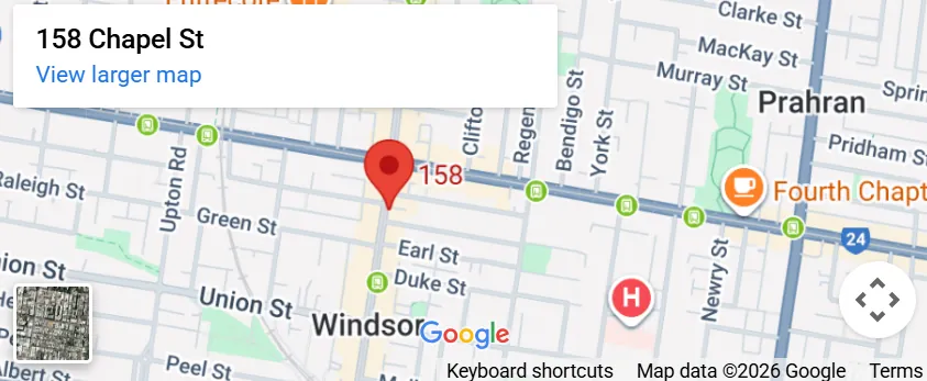 Map showing Soraya Skin Clinic at 158 Chapel Street, Windsor, just south of South Yarra