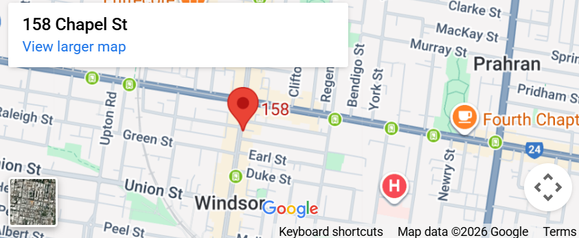 Map showing Soraya Skin Clinic at 158 Chapel Street, Windsor, just south of South Yarra