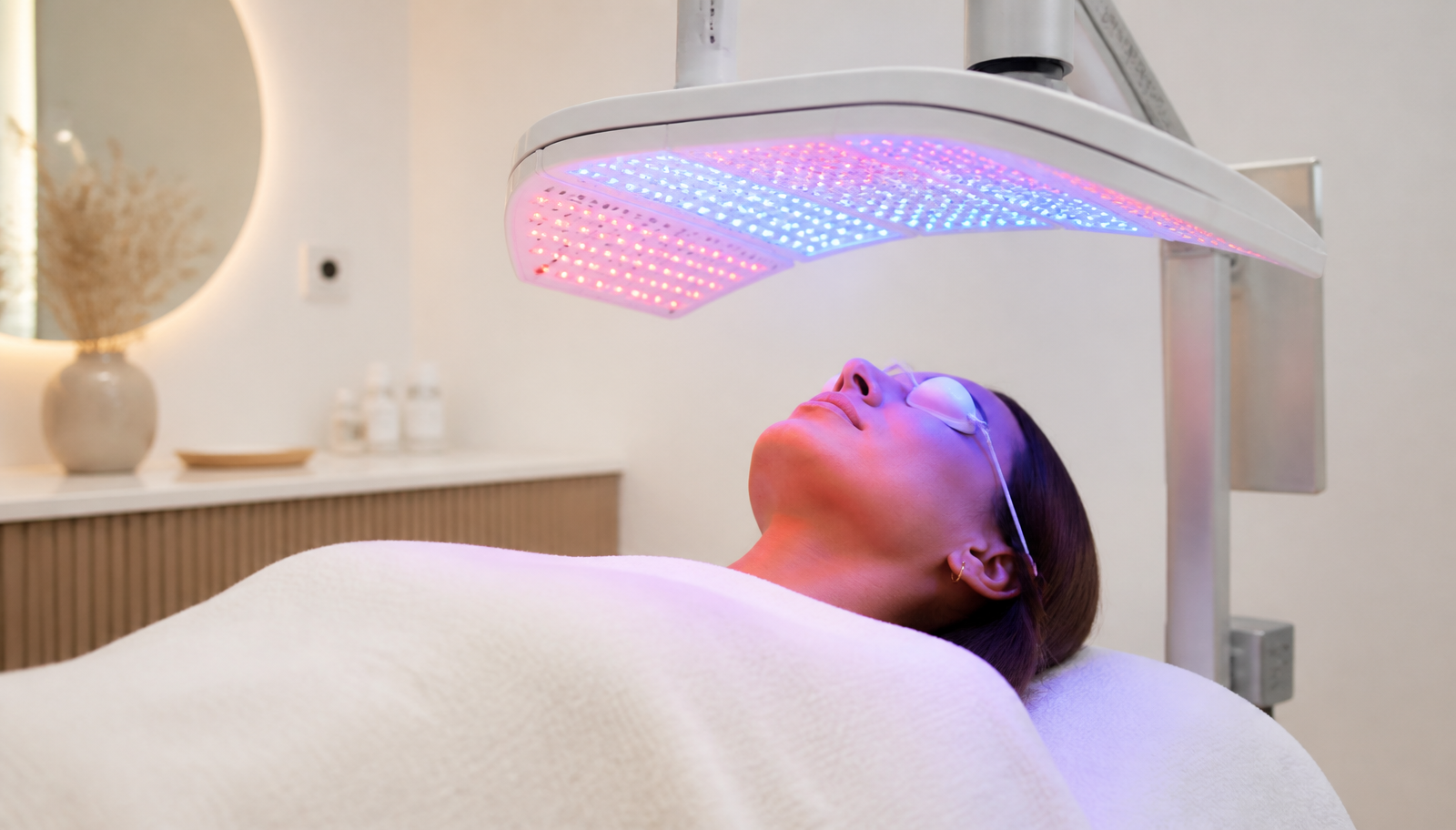 Client relaxing under a Dermalux Flex MD LED phototherapy panel during a skin treatment at Soraya Skin Clinic