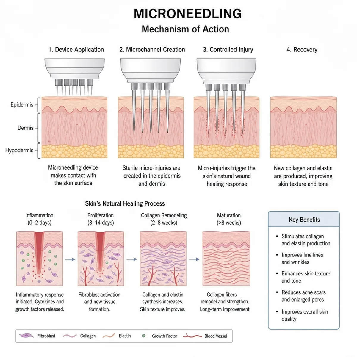 Diagram showing how microneedling creates controlled micro-injuries in the skin to stimulate collagen and elastin production, from device application through to skin recovery.