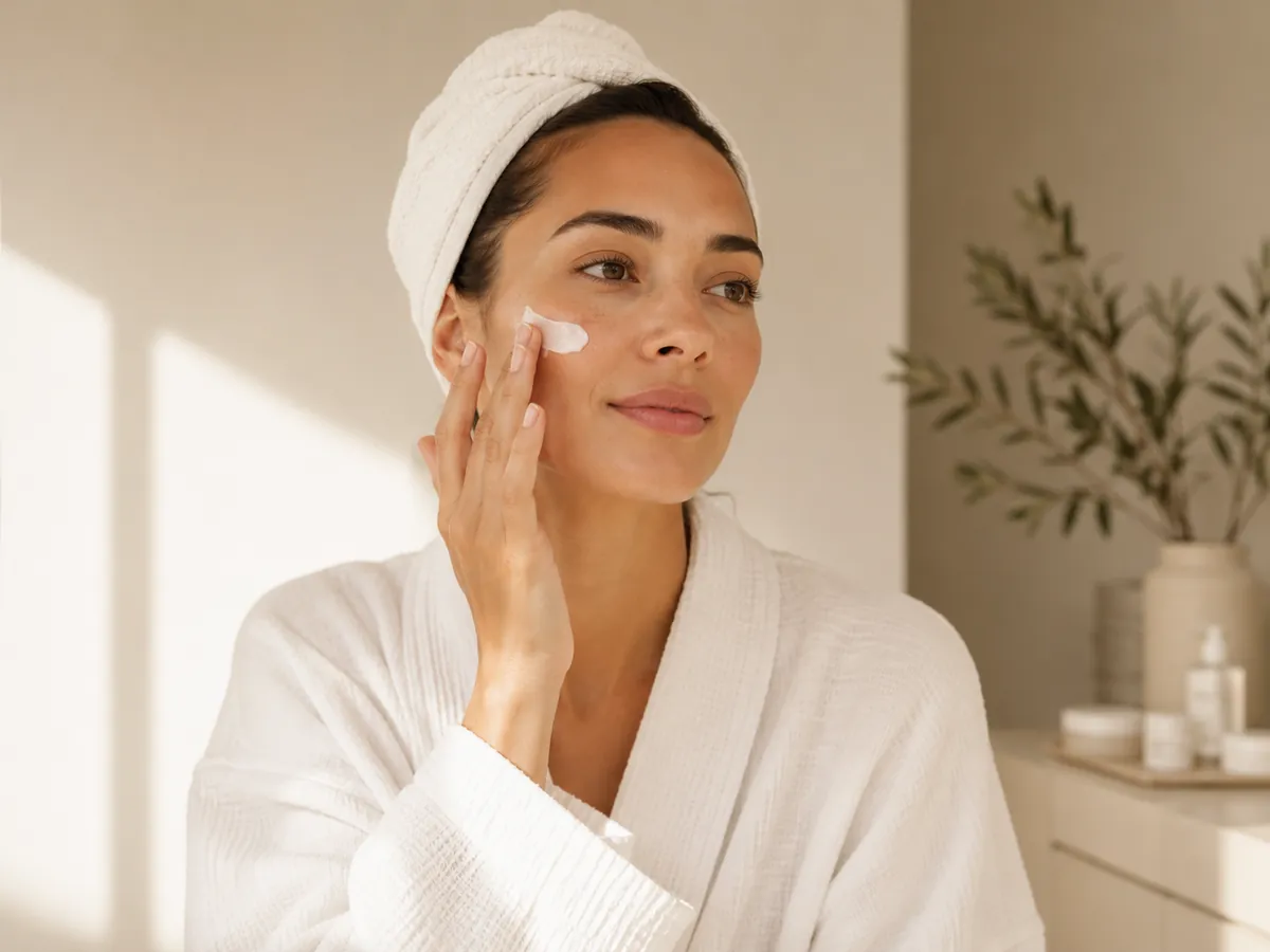 Woman in a robe applying gentle moisturiser and SPF to her cheek as part of microneedling aftercare at home