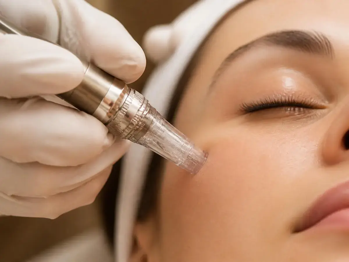 Close-up of a professional microneedling pen with a sterile needle cartridge treating a client's cheek